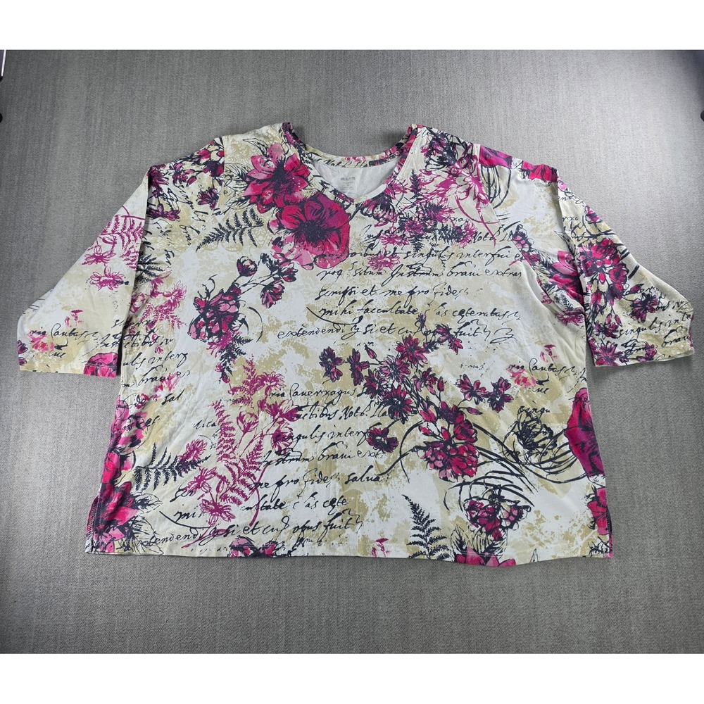 ALIA Top Women 2X Pink Floral Script V-Neck Rhinestone 3/4‎ Sleeve Blouse